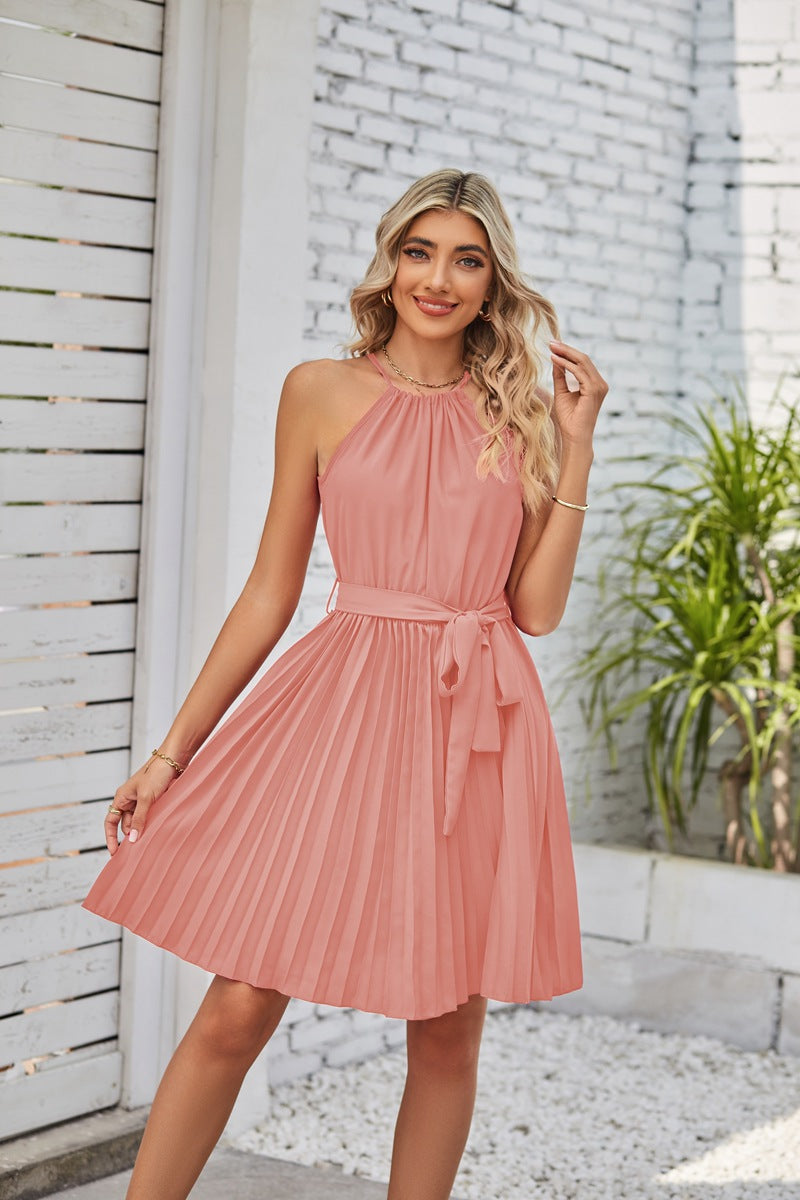 Strapless Dresses For Women Solid Pleated Skirt Summer Beach Sundress