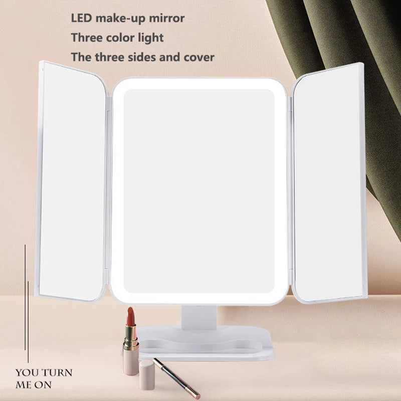 Espejo de maquillaje triple con luz LED 10X,lupa 180 de rotación con tres tonos de luz.