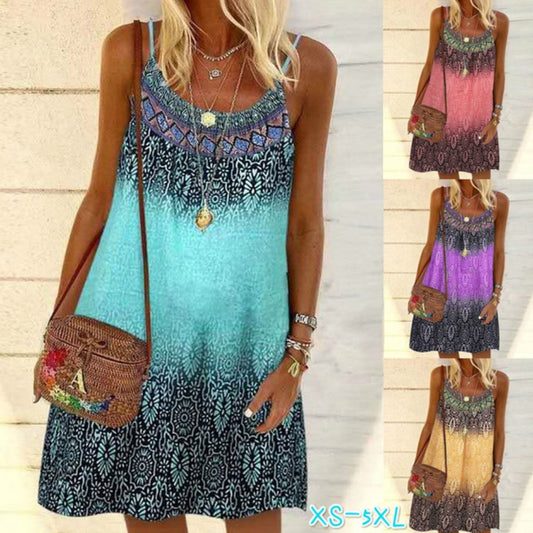 Summer Dress Printed Loose Strap Chiffon Dress