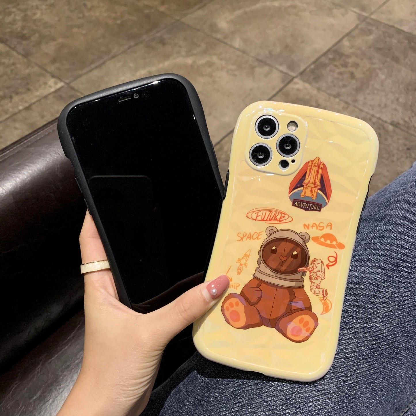 Cartoon Rocket Bear Diamond Pattern Small Waist Phone Soft Case