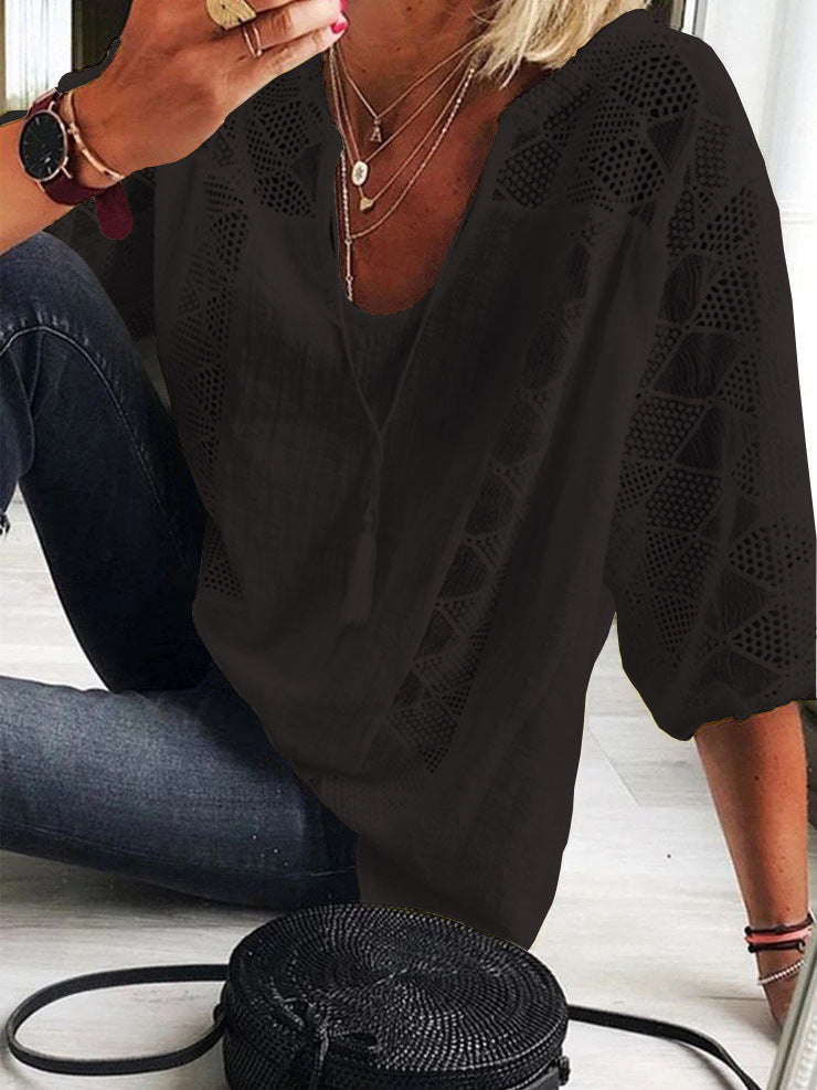 Lace stitching U-neck 3.4 sleeve T-shirt