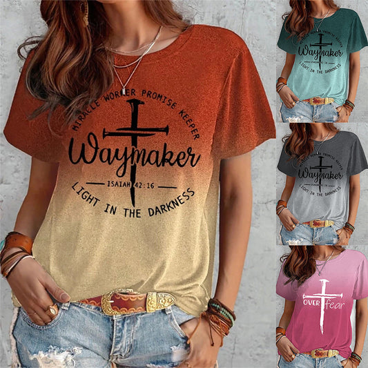 Summer Short Sleeve T-shirt Cross And Letter Print Tops Women