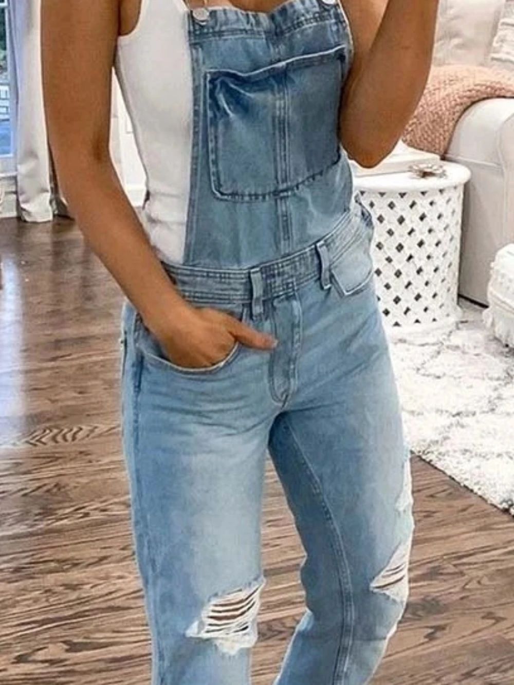 Women's Denim Jumpsuit With Shoulder Straps Pants