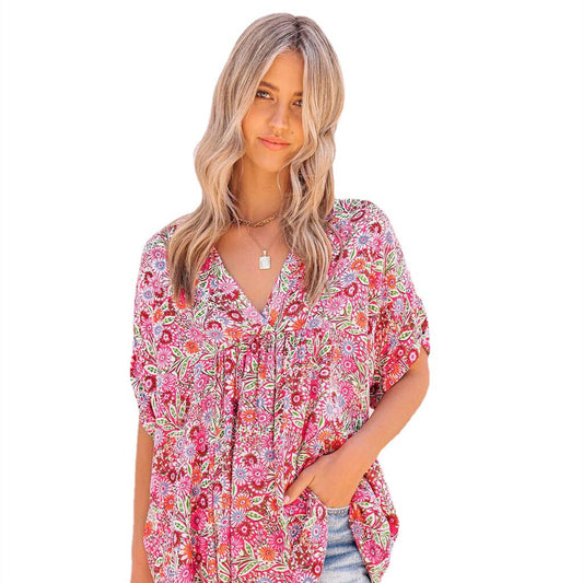 New Women's V-neck Floral Mid-length Loose Casual T-shirt