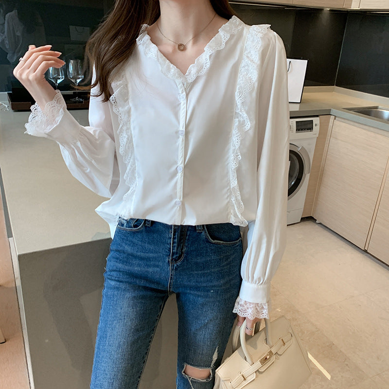 New Lace Temperament Solid Color Chiffon Shirt Ladies Top