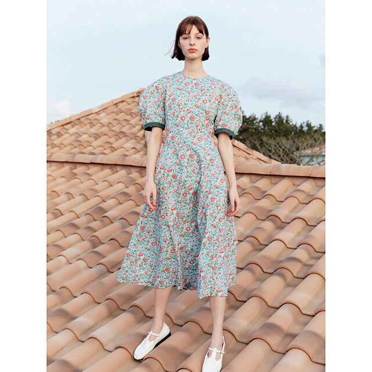 Vestido de Moda Elegant Print Puff Sleeve Waist Dress