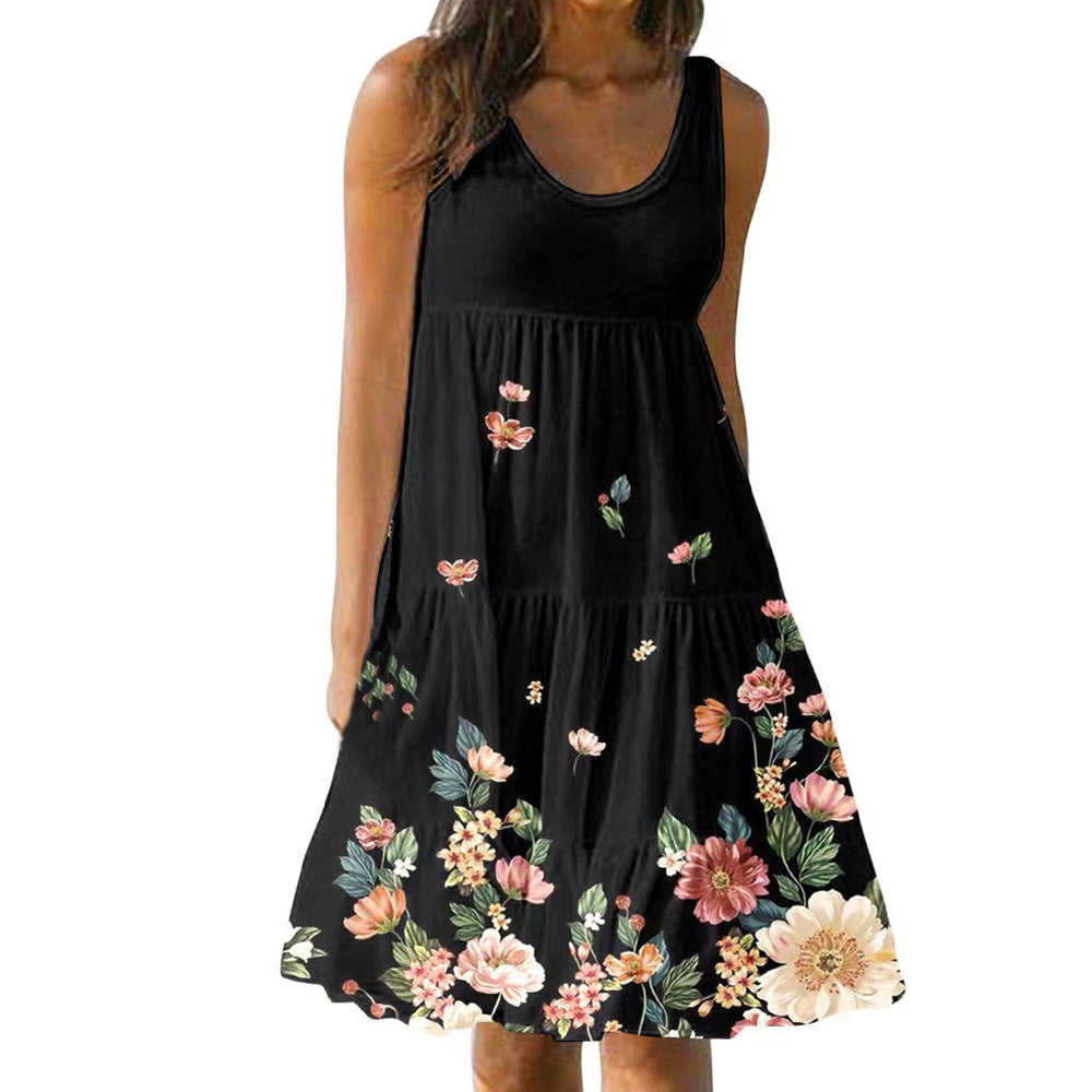 FLowers Print Round Neck Dress Sleeveless Loose Casual Party Beach Dress Women