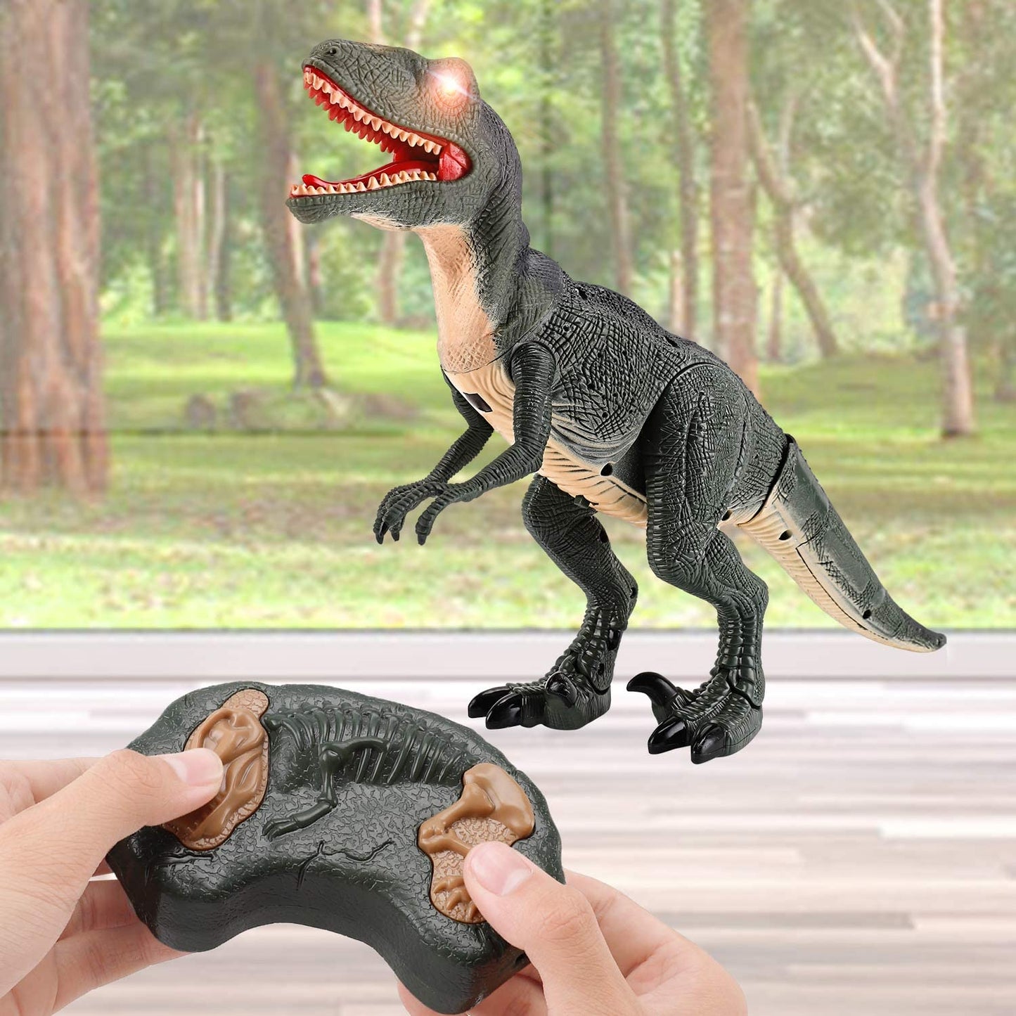 Dinosaurio que camina con control remoto R C con cabeza temblorosa, ojos y sonidos iluminados, Velociraptor, regalo para niños.