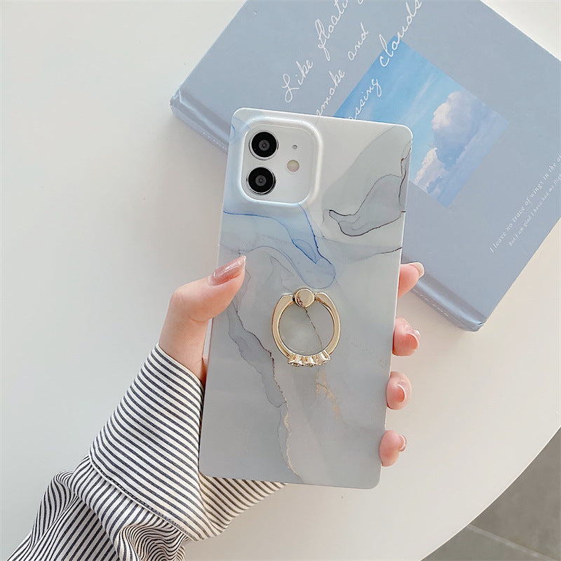 Gilt Marble Square Phone Case With Diamond Ring