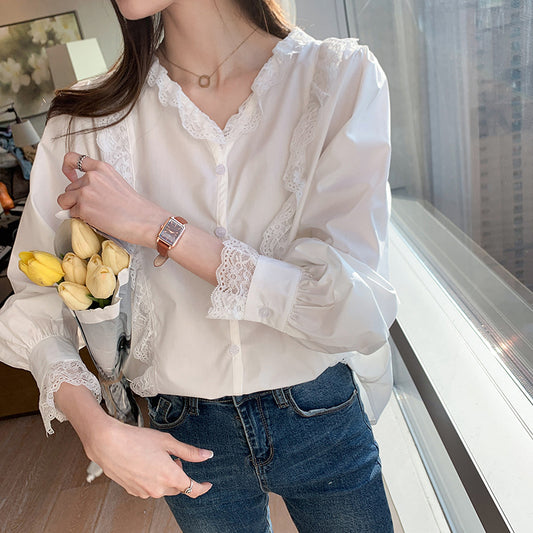 New Lace Temperament Solid Color Chiffon Shirt Ladies Top