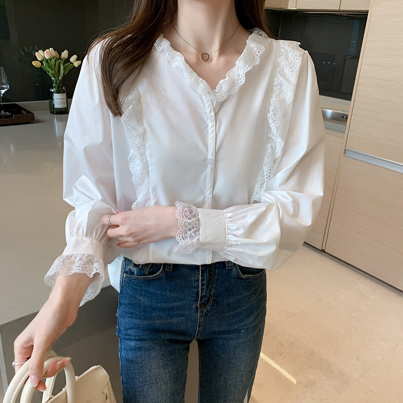 New Lace Temperament Solid Color Chiffon Shirt Ladies Top