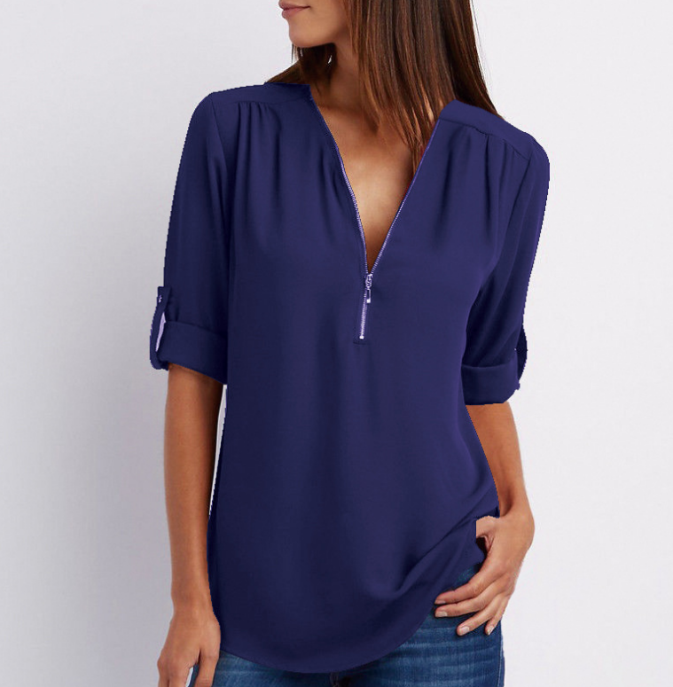 Zip V-neck Shirts Women Short Sleeve Loose Tops