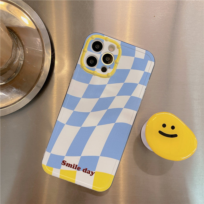 Korean Style Blue Checkerboard Lattice Stand Mobile Phone Case Soft Shell