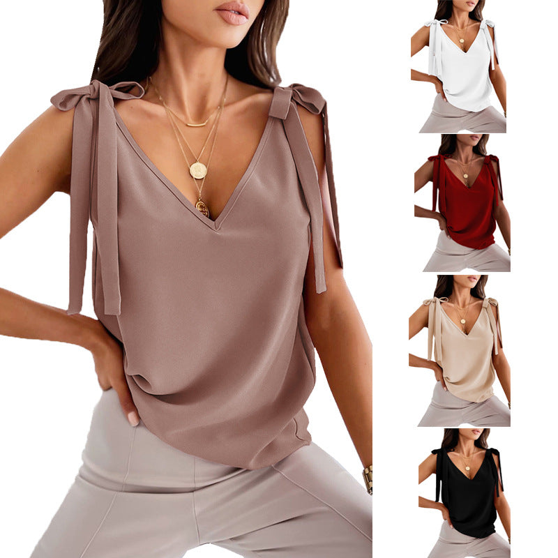 Blusa para Dama Bowknot Tie Up Camisole V-neck Shirts Women Summer Sleeveless Tank Tops