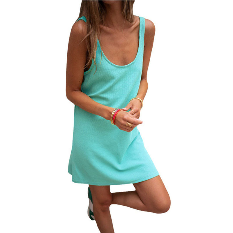 Solid Waffle Sleeveless Loose Strap Dress