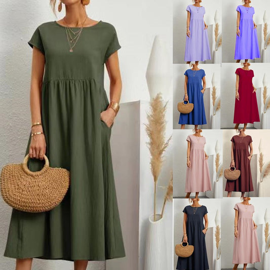 Vestido europeo, European And American Solid Color Sleeveless Loose Cotton Linen Pocket Dress