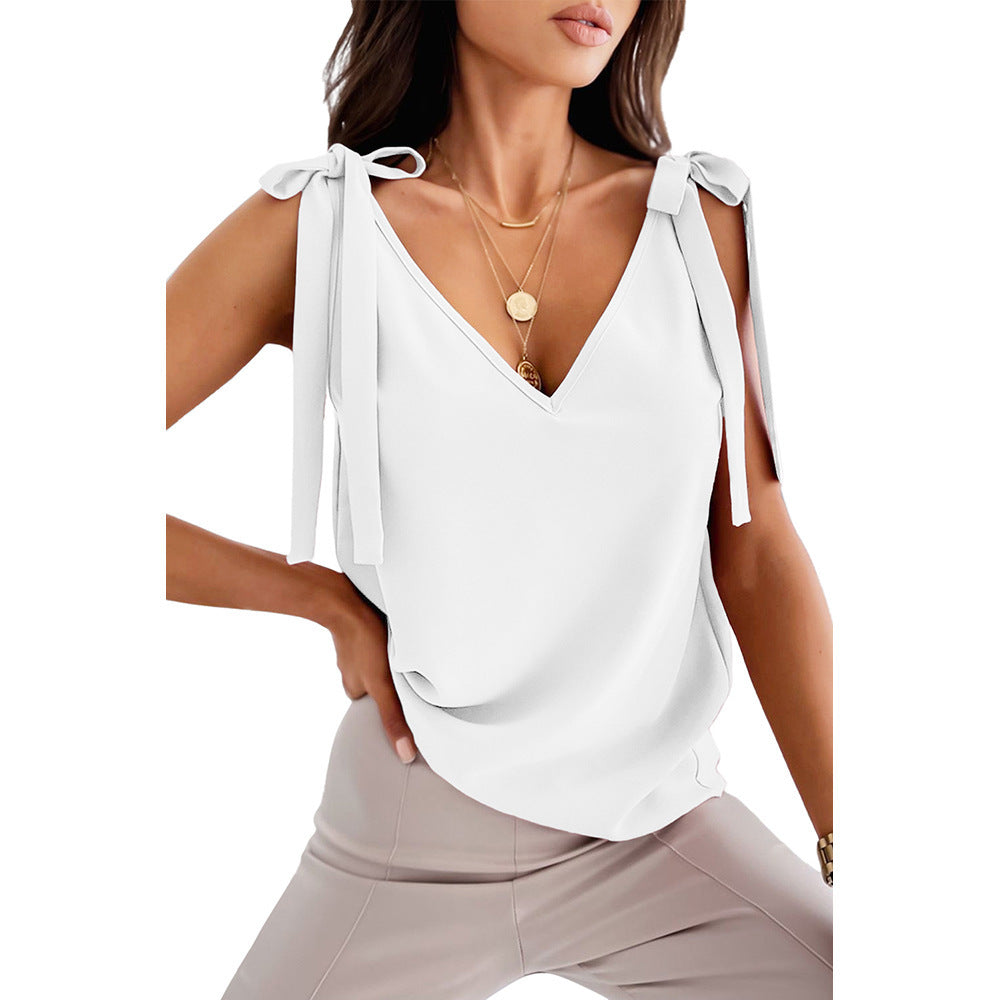 Blusa para Dama Bowknot Tie Up Camisole V-neck Shirts Women Summer Sleeveless Tank Tops