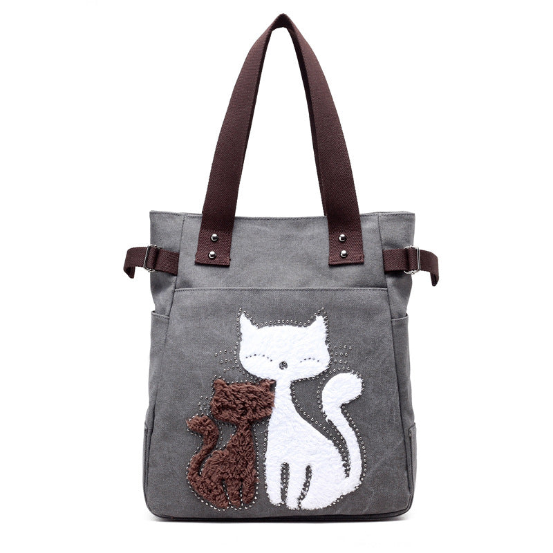 KVKY Women Canvas Bag Handbag Famous Brand Shoulder Bags Femal Canvas Bags with Cute Plush Cat Appliques Beach Bag Sac A Main