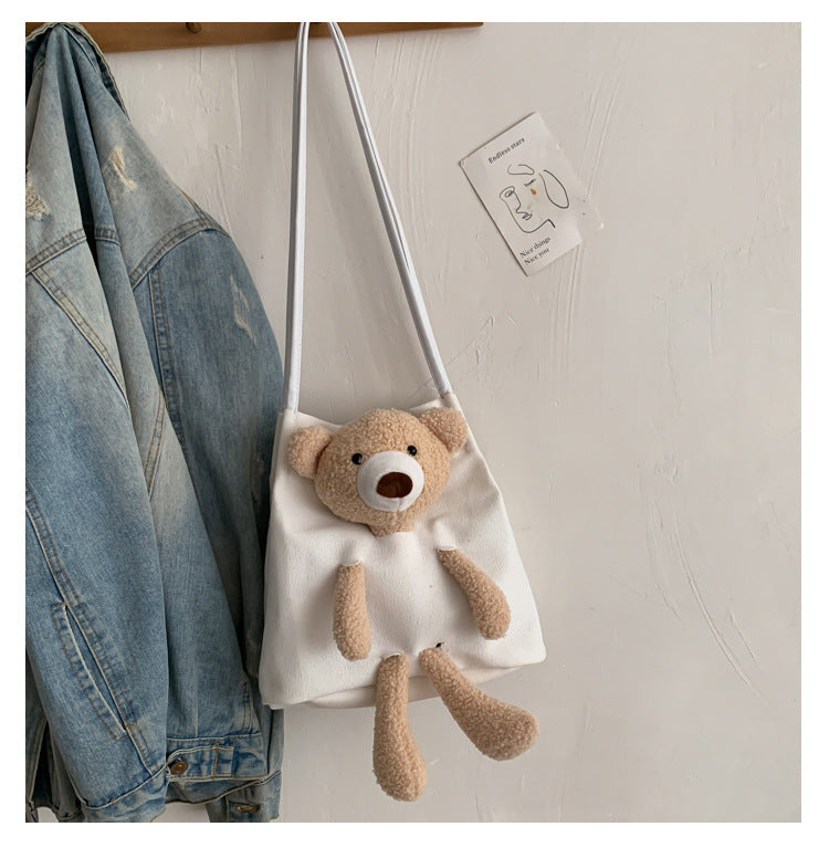 Women's Canvas Bag Shoulder Lamb Fur Bear Ornaments