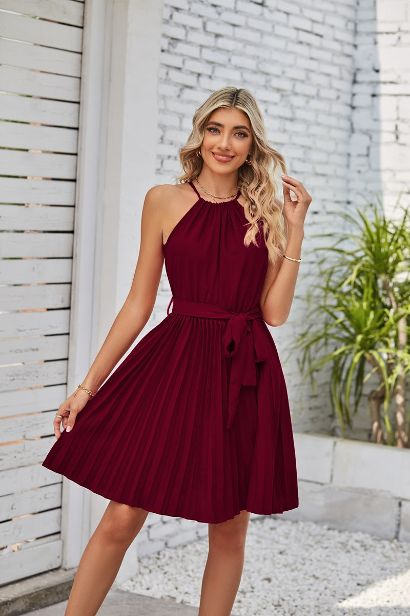 Strapless Dresses For Women Solid Pleated Skirt Summer Beach Sundress