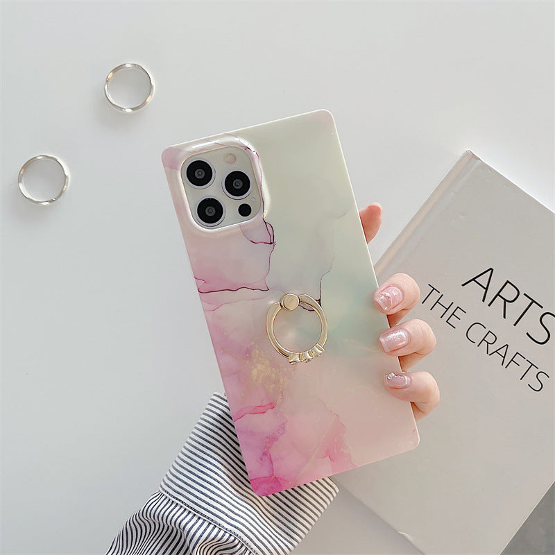 Gilt Marble Square Phone Case With Diamond Ring