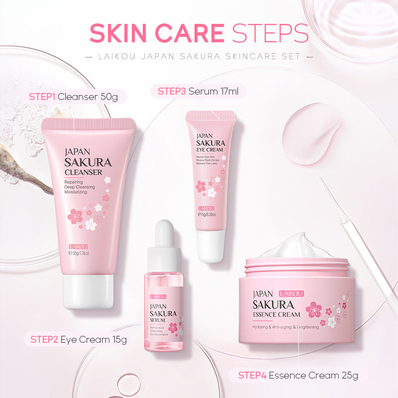 Sakura Skin Care Set 4-piece Set Cleansing Essence Eye Cream Face Cream