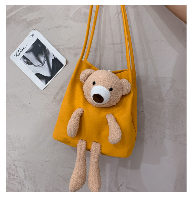 Women's Canvas Bag Shoulder Lamb Fur Bear Ornaments