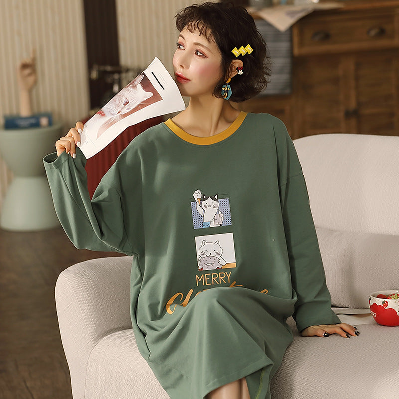 Pure Cotton Long-sleeved Plus Size Thin Long Skirt Loungewear