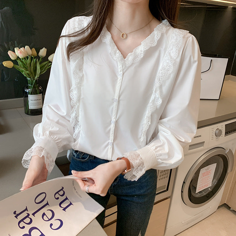 New Lace Temperament Solid Color Chiffon Shirt Ladies Top