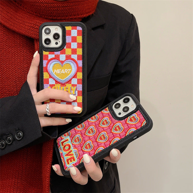 Embroidered Colorful Heart Phone Case All-Inclusive Soft Shell