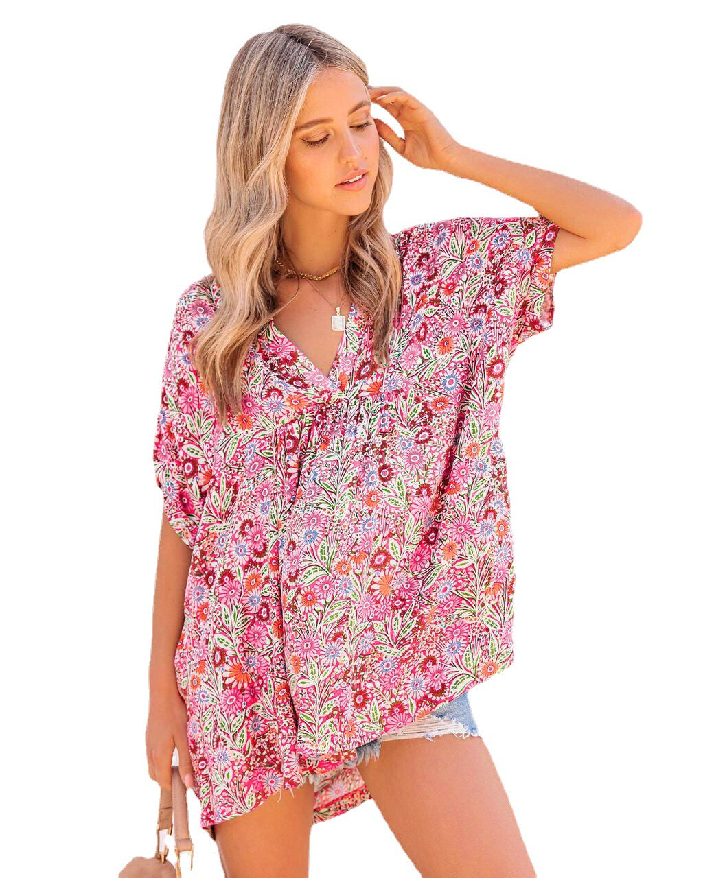 New Women's V-neck Floral Mid-length Loose Casual T-shirt