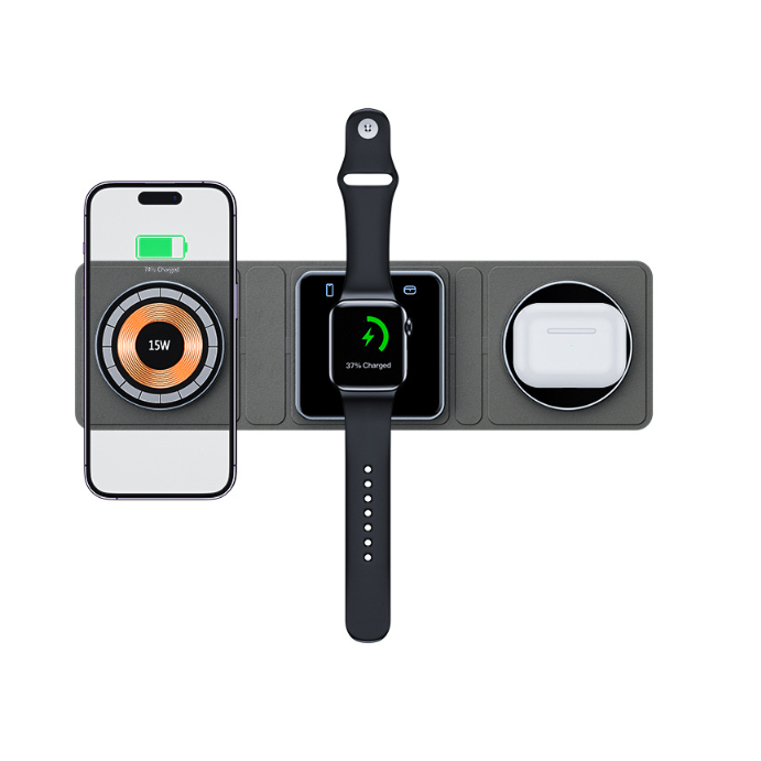 3 en 1 Cargador inalámbrico magnético para viaje - Magnetic Folding Wireless Charger Station For IPhone Transparent Fast Charging For IWatch And Airpods