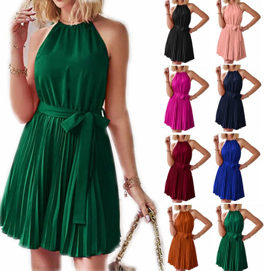 Strapless Dresses For Women Solid Pleated Skirt Summer Beach Sundress