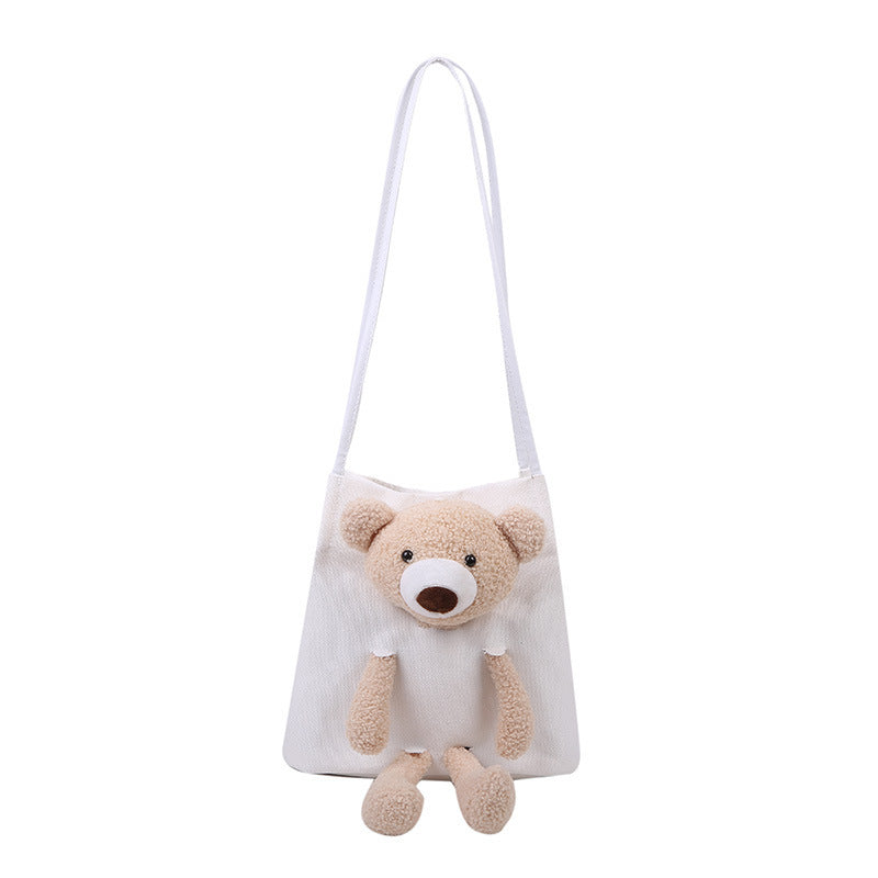 Women's Canvas Bag Shoulder Lamb Fur Bear Ornaments