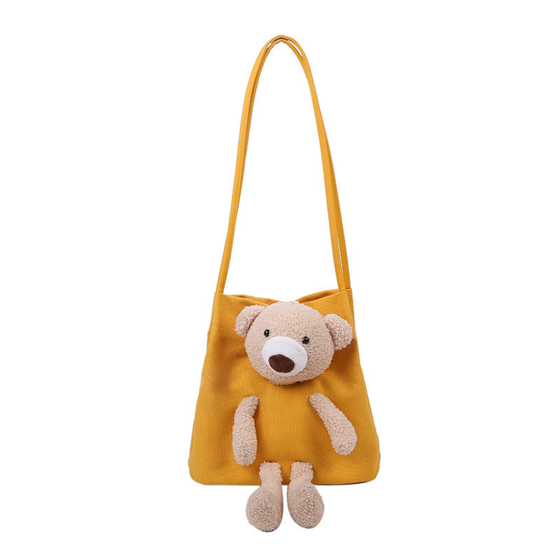 Women's Canvas Bag Shoulder Lamb Fur Bear Ornaments