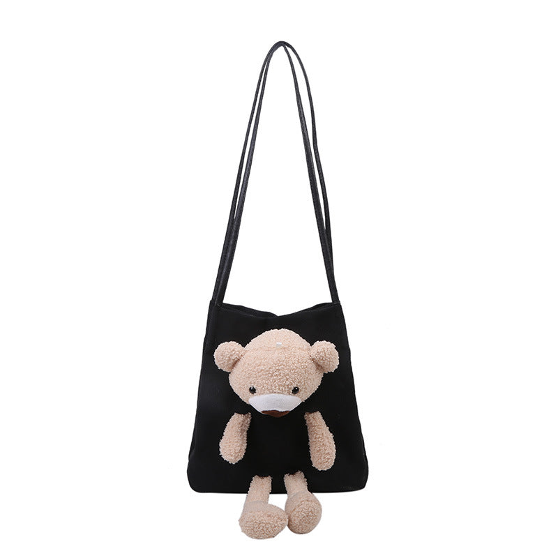 Women's Canvas Bag Shoulder Lamb Fur Bear Ornaments