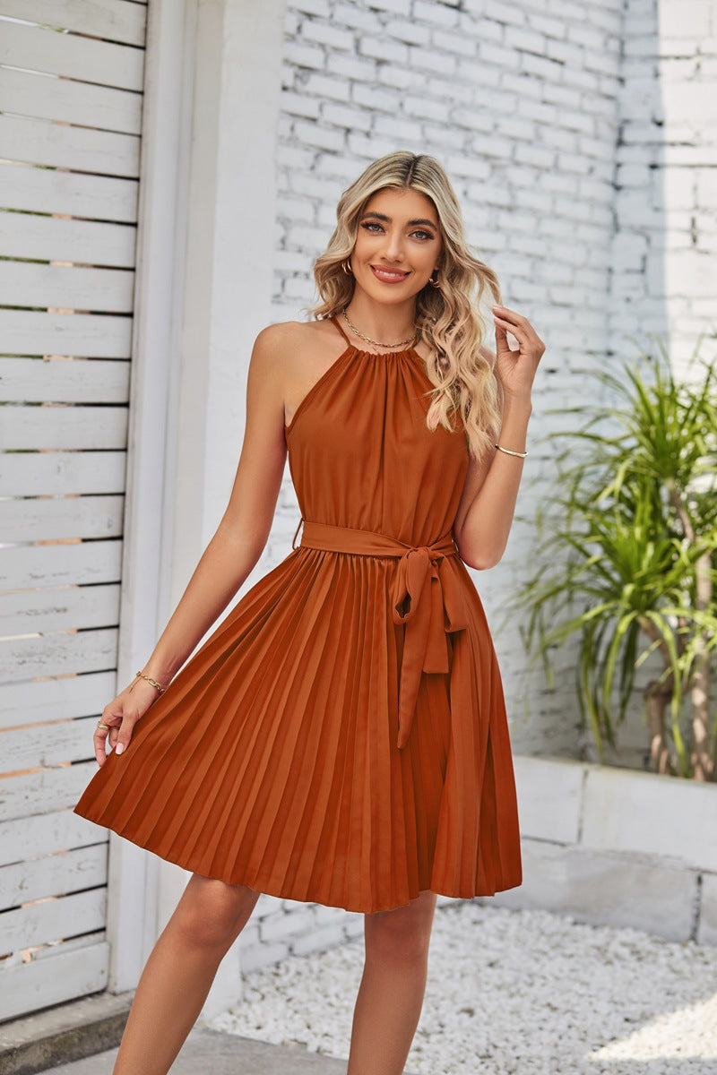 Strapless Dresses For Women Solid Pleated Skirt Summer Beach Sundress