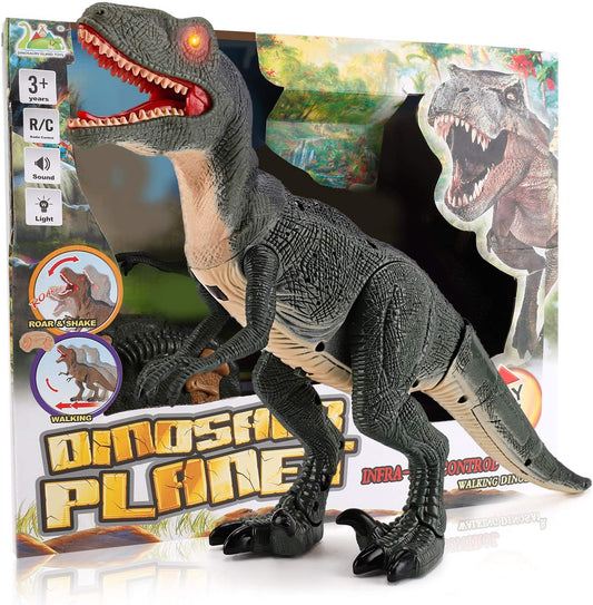 Dinosaurio que camina con control remoto R C con cabeza temblorosa, ojos y sonidos iluminados, Velociraptor, regalo para niños.