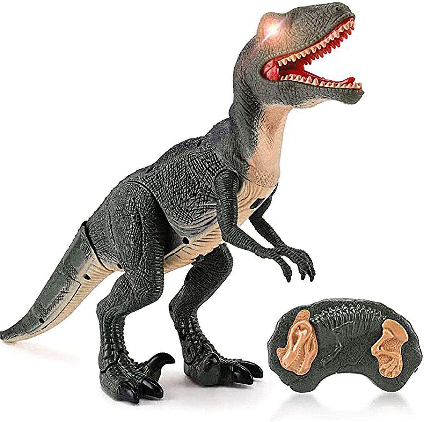 Dinosaurio que camina con control remoto R C con cabeza temblorosa, ojos y sonidos iluminados, Velociraptor, regalo para niños.