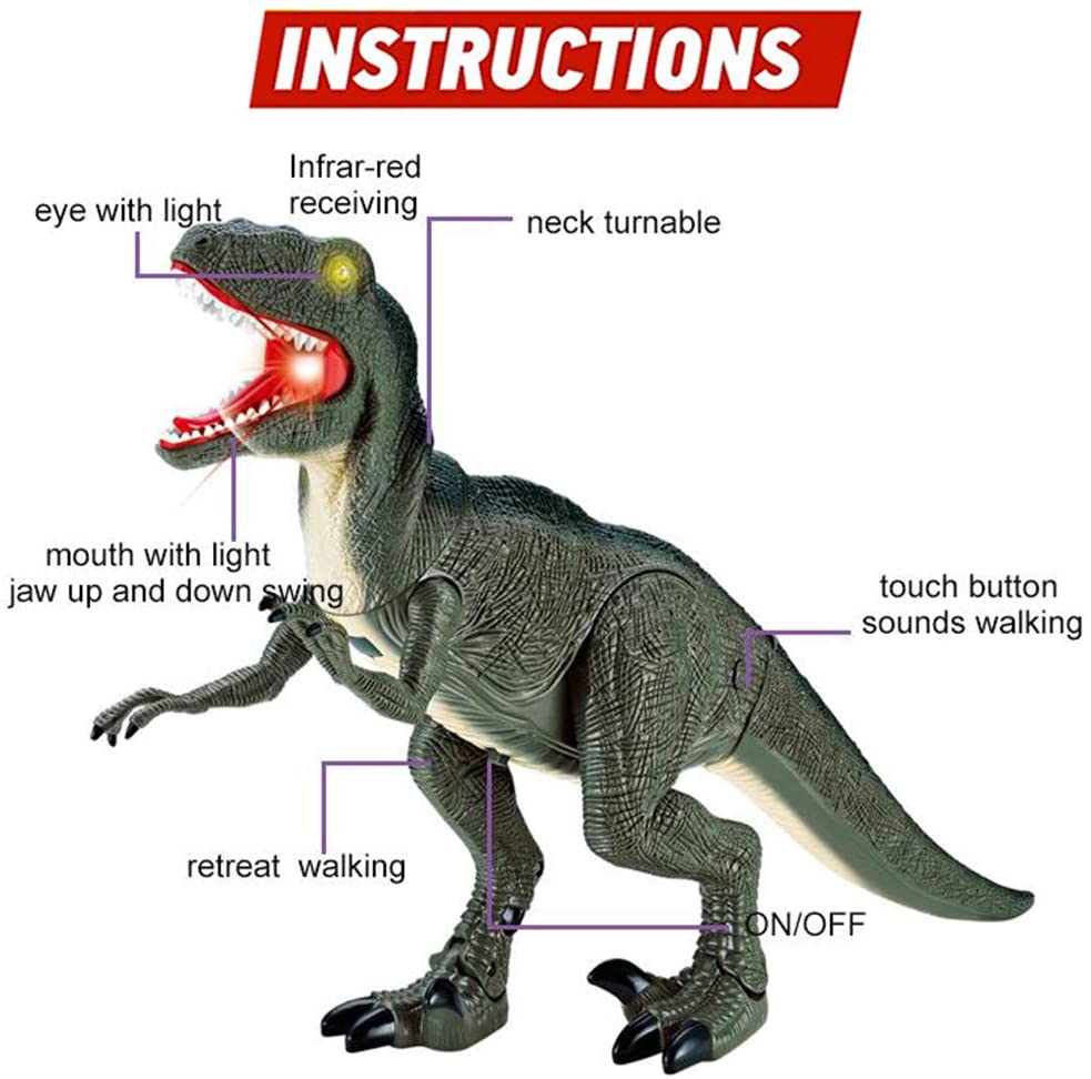 Dinosaurio que camina con control remoto R C con cabeza temblorosa, ojos y sonidos iluminados, Velociraptor, regalo para niños.